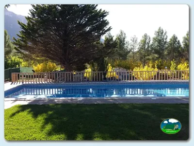 Piscina con vistas a la montaña y árbol centenario del Camping Montsant Park, Ulldemolins Tarragona (Tarragona)