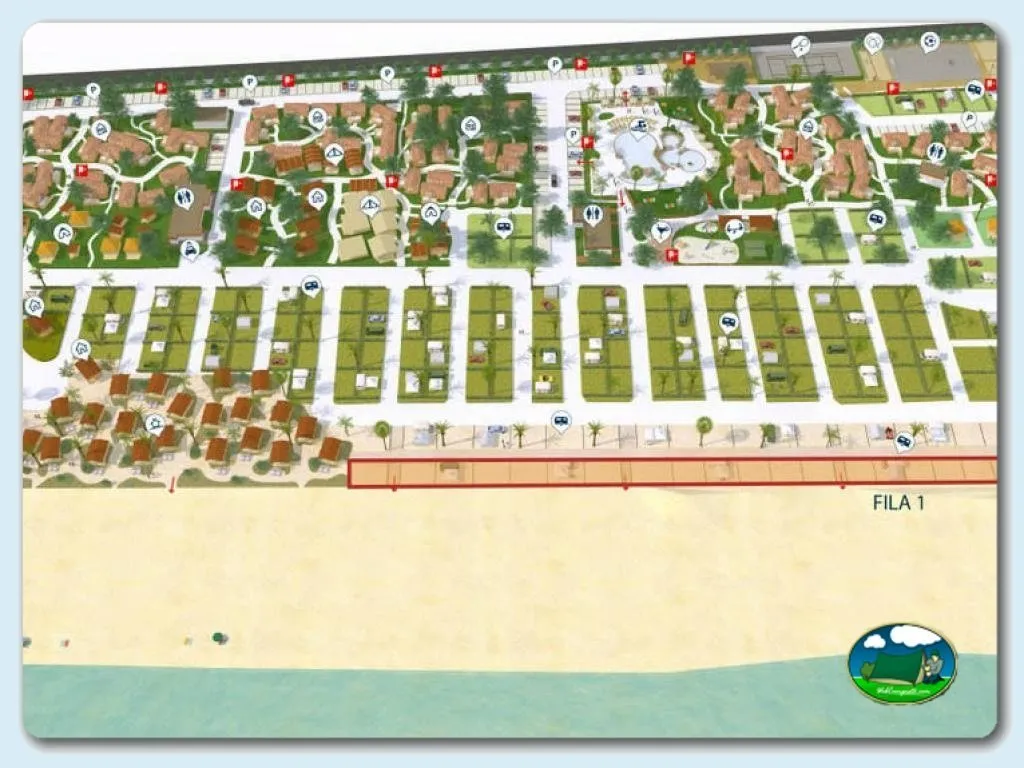 Plano del recinto junto al mar del Camping Caravaning Gavina, Creixell (Tarragona)