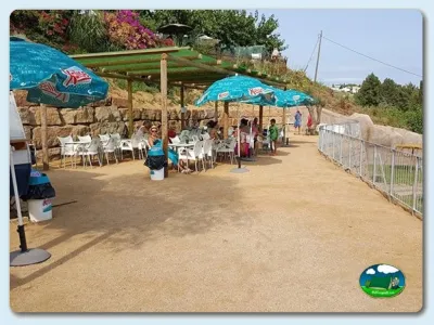 Zona de comidas junto a la playa con sombrillas y mesas del Camping El Carlitos, Arenys de Mar (Barcelona)