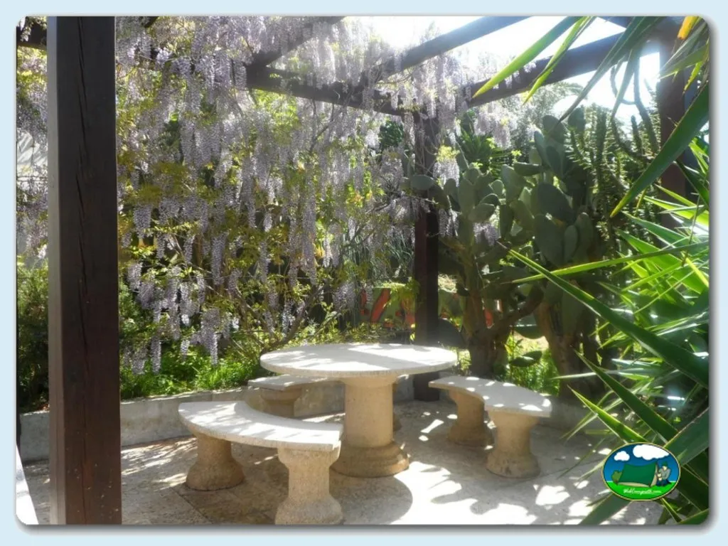 Zona de descanso con mesa de piedra y pergola del Camping Redondo, Poço Redondo (Santarém)