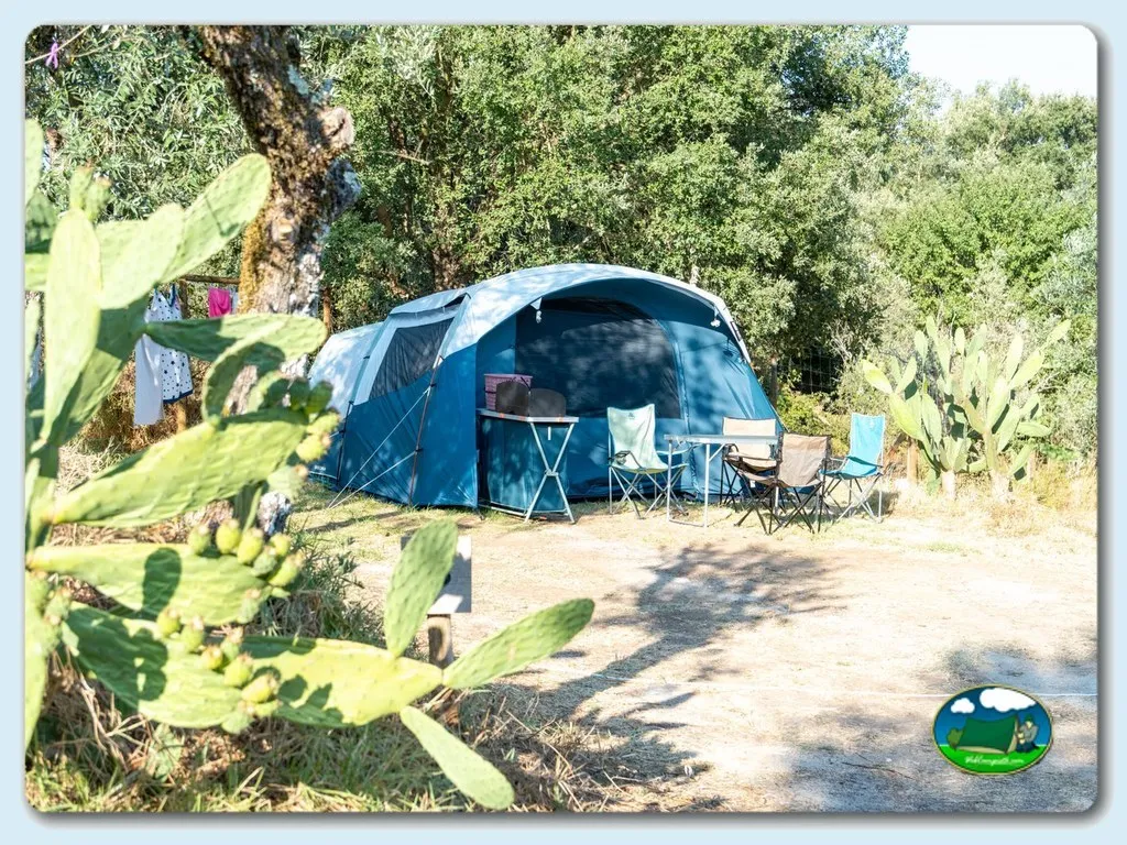Tienda de acampada en parcela con vegetación mediterránea del Camping Quinta de Cerejeira, Ferreira do Zêzere (Santarém)