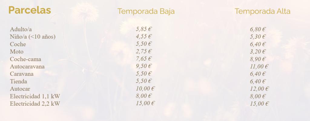 tarifas Camping Los Cameros Parcelas