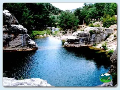 Río con vistas a la sierra entre rocas y pinos del Camping Pigalo, Luesia (Zaragoza)