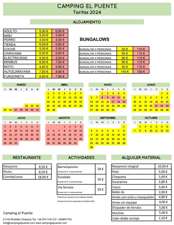 Tarifas  en Camping El Puente, Huesca, España