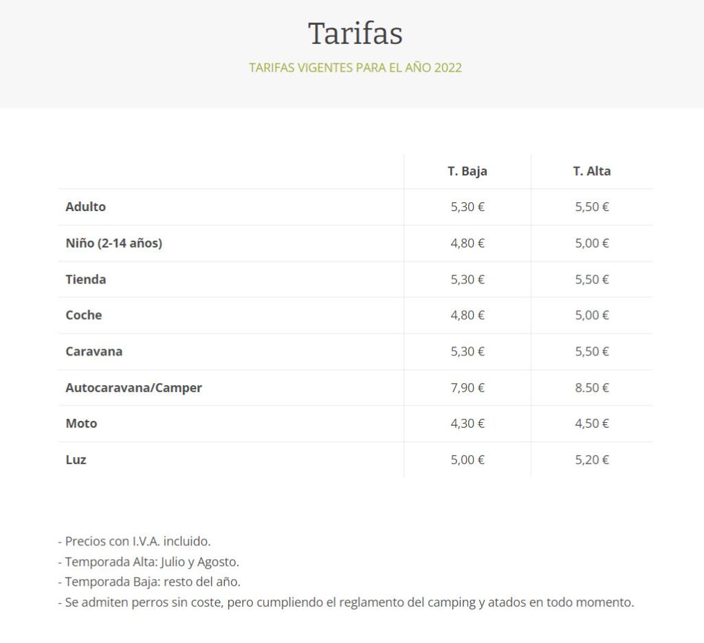 tarifas Camping Oto 