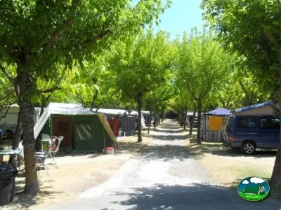 Parcela con tienda de acampada entre árboles del Camping Peña Montañesa, Labuerda (Huesca)