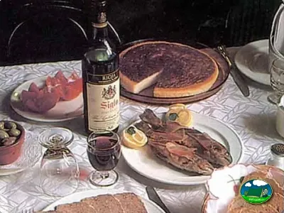 Restaurante mesa con carnes, vino y postres del Camping Peña Montañesa, Labuerda (Huesca)