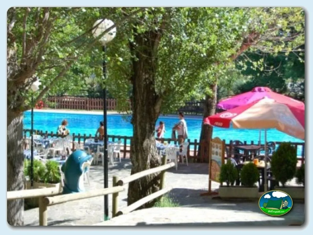 Piscina con sombrillas y zona de descanso bajo árboles del Camping Peña Montañesa, Labuerda (Huesca)