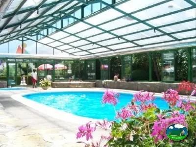 Piscina climatizada con flores y vistas al parque infantil del Camping Peña Montañesa, Labuerda (Huesca)