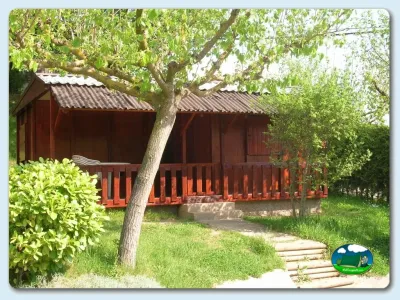 Cabaña de madera con terraza bajo árbol del Camping El Solsonés, Solsona (Lleida)