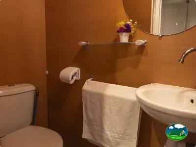 Aseos con lavabo y decoración floral del Camping El Solsonés, Solsona (Lleida)
