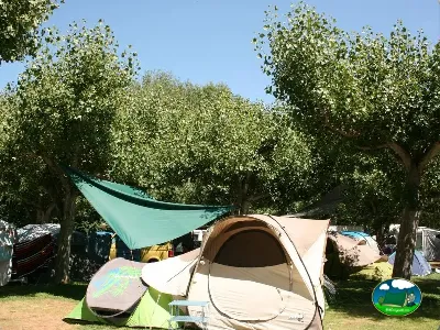 Parcela con tiendas de acampada bajo árboles del Camping Laspaúles, Castejón de Sos (Huesca)