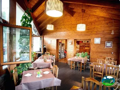 Restaurante interior con techos de madera y grandes ventanales del Camping Laspaúles, Castejón de Sos (Huesca)