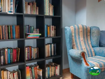 Sala de lectura con estantería y sillón del Camping Laspaúles, Castejón de Sos (Huesca)