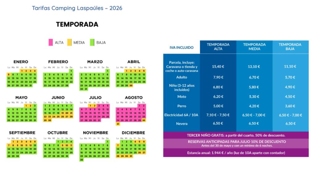 tarifas Camping Laspaúles Parcelas