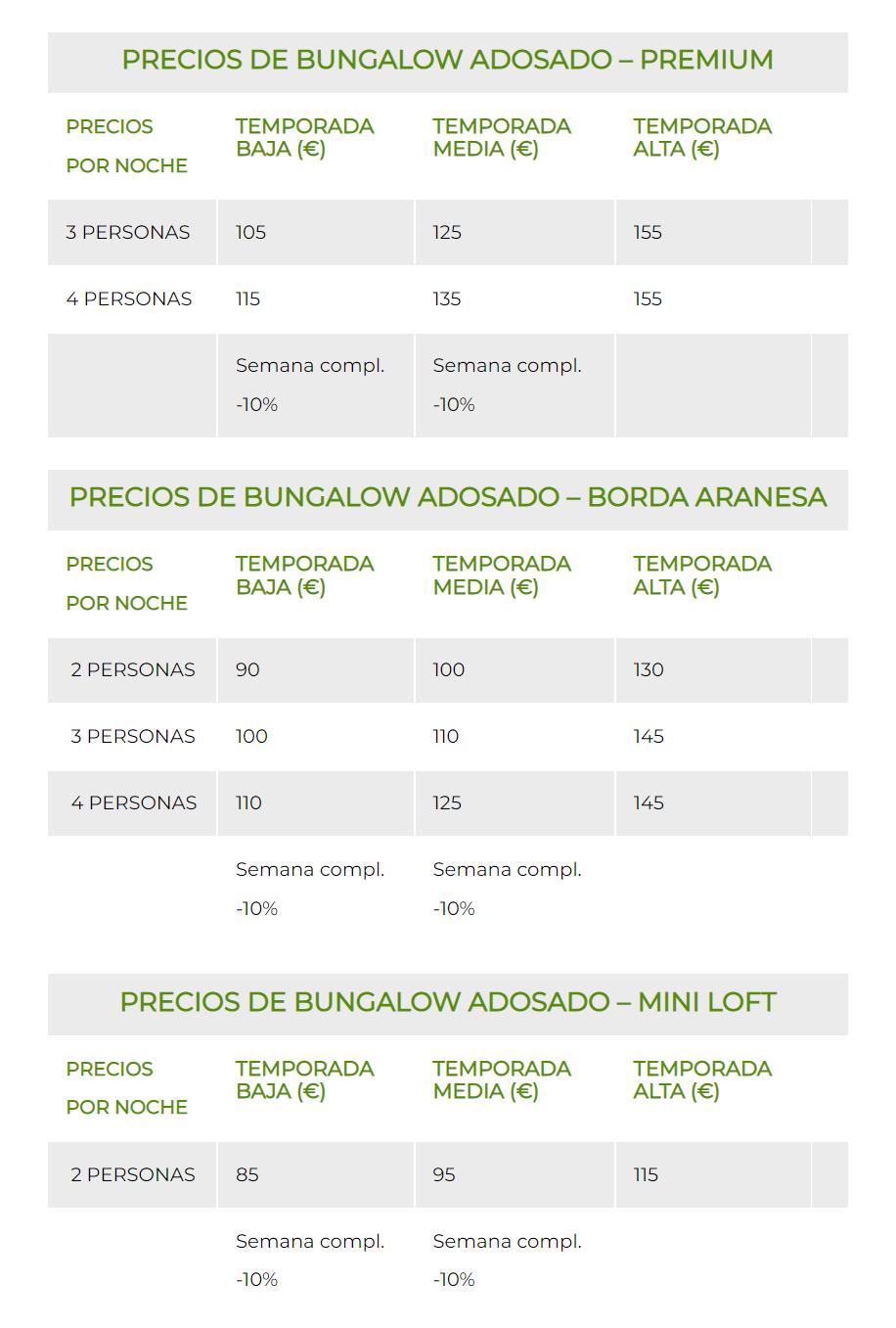 tarifas Camping Bedura Park Parcelas