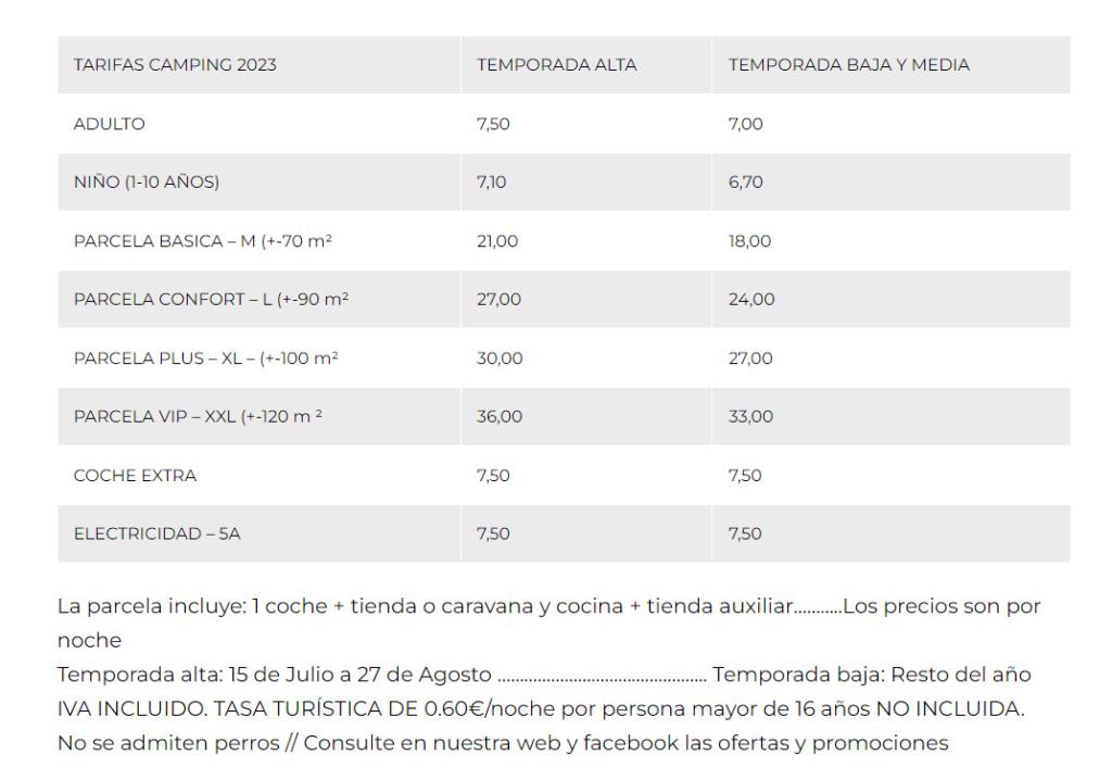 tarifas Camping Bedura Park Parcelas