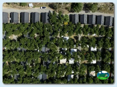 Parcelas con mobil-home y cobertura vegetal, vista aérea del Camping La Borda del Pubill, Ribera de Cardós (Lleida)