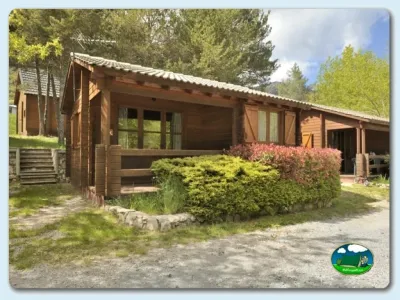 Bungalow de madera rodeado de vegetación y árboles del Camping Font Freda, Castellar del Riu (Barcelona)