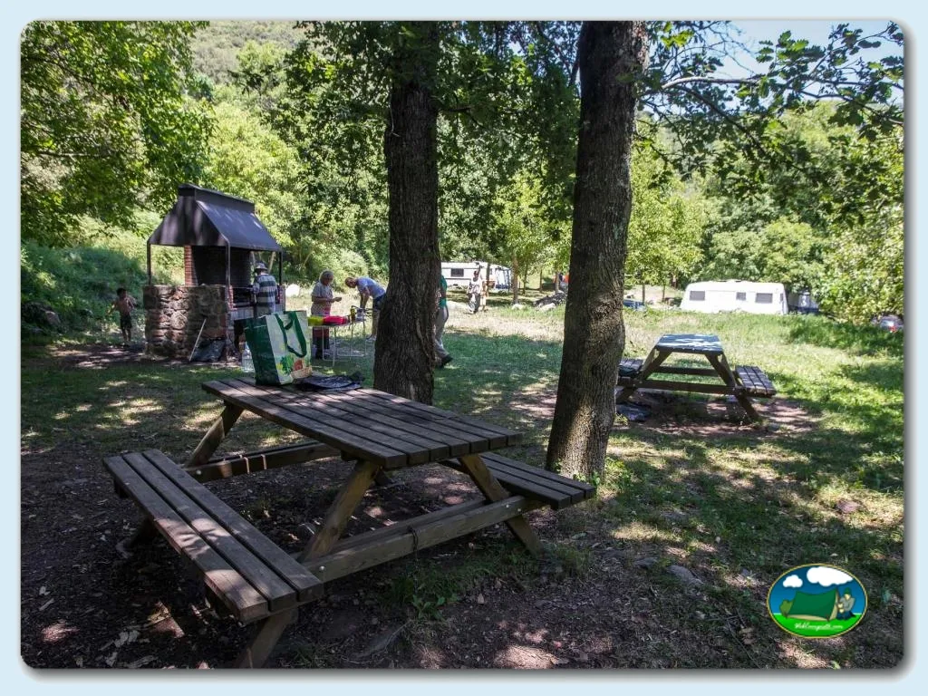 Parcela arbolada con mesas de picnic y parque infantil del Camping Les Illes, Montseny (Barcelona)