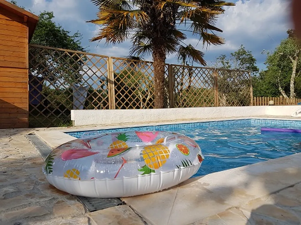 Piscina con flotadores infantiles y palmera del Camping Quinta Portugo, Pampilhal (Castelo Branco)