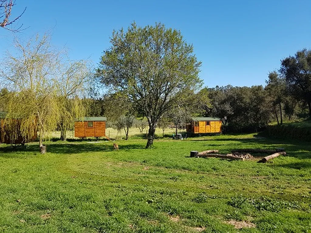 Glamping caravanas de madera en parcela arbolada del Camping Quinta Portugo, Pampilhal (Castelo Branco)