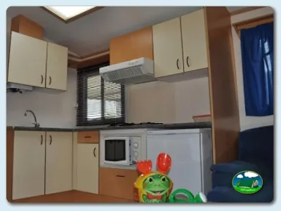 Mobil-home cocina equipada con horno y microondas del Camping Mas Patoxas, Pals (Girona)