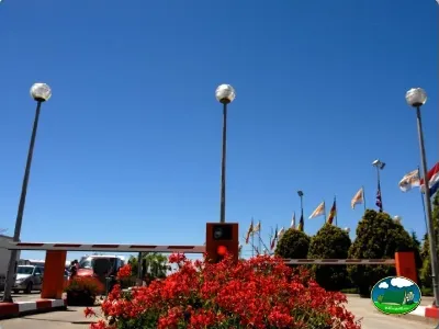 Recepción con entrada decorada y banderas del Camping Las Dunas, Sant Pere Pescador (Girona)