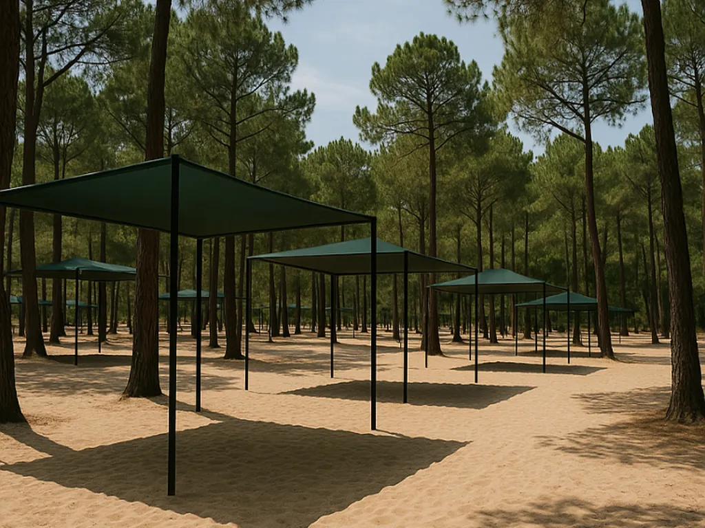 Parcelas con sombrillas entre pinos del Camping ORLA Ilha de Tavira Ecoglamping, Tavira (Faro)