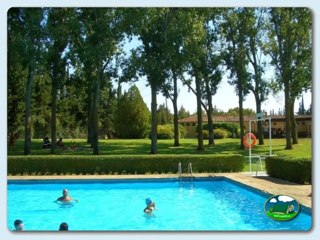 Piscina con vistas a los árboles y alojamientos del Camping El Bolaso, Ejea de los Caballeros (Zaragoza)
