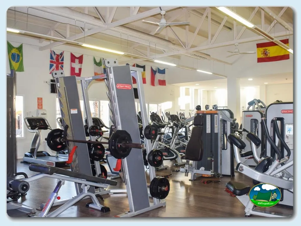 Gimnasio con equipos de fitness y pesas del Camping Alannia Costa Blanca, Crevillente (Alicante)