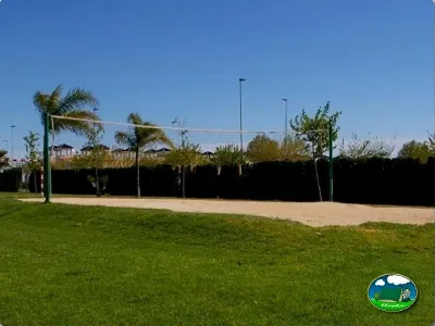Cancha de voleibol con césped y palmeras del Camping Lo Monte, Pilar de la Horadada (Alicante)