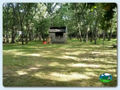 Cabaña de piedra entre árboles en parcela arbolada del Camping La Dehesa, Agallas (Salamanca)
