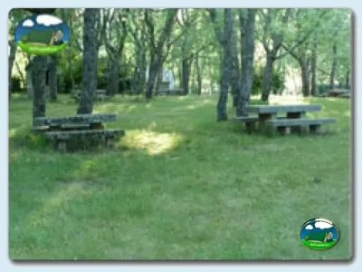 Parcelas arboladas con mesas de picnic del Camping La Dehesa, Agallas (Salamanca)