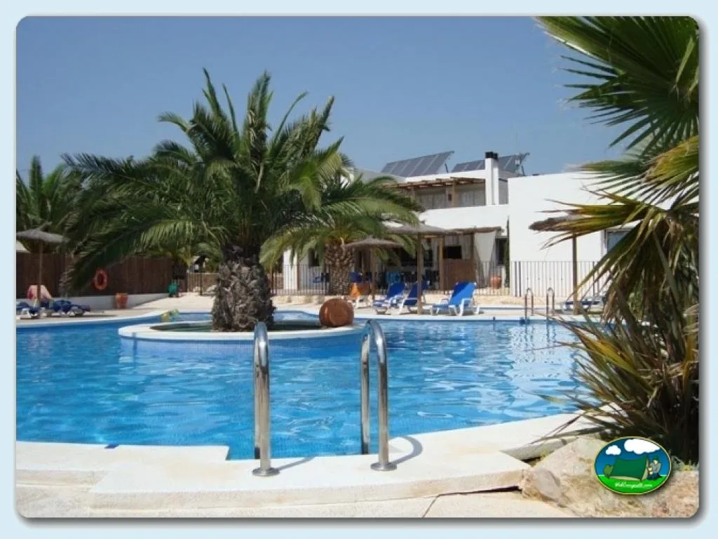Piscina con vistas a palmeras y bungalow del Camping L´Orangeraie, Cálig (Castellón)