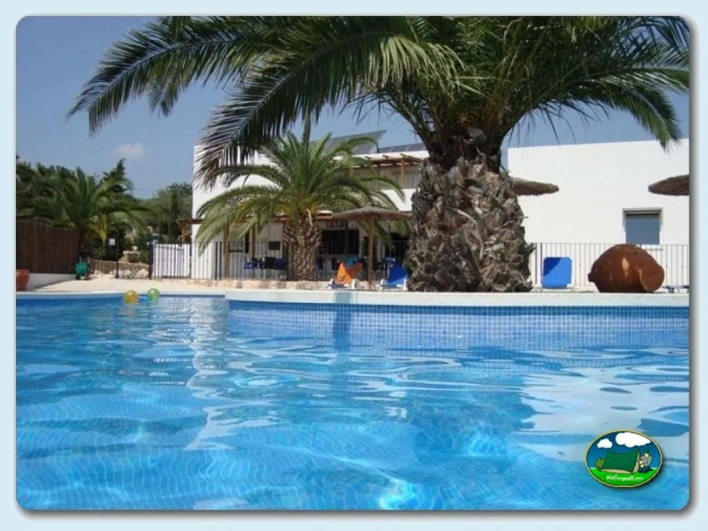 Piscina con edificio de servicios y palmeras del Camping L´Orangeraie, Cálig (Castellón)