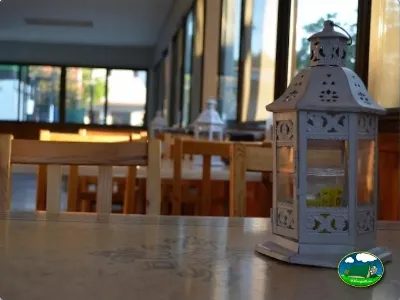 Restaurante interior con mesas de madera del Camping Valencia El Saler, El Saler (Valencia)