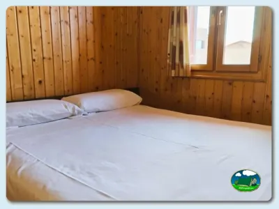 Cabaña interior con cama doble y revestimiento de madera del Camping Bardenas, Villafranca (Navarra)