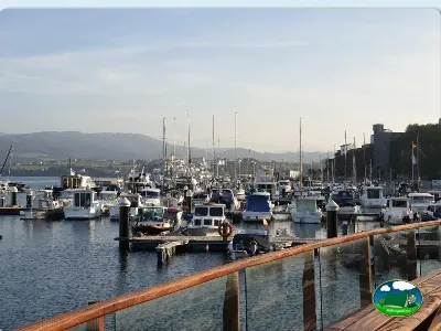 Junto al mar puerto deportivo con barcos y vistas a la montaña del Camping Rinlo, Rinlo (Lugo)