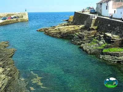 Junto al mar, cala rocosa con agua turquesa y acceso directo del Camping Rinlo, Rinlo (Lugo)
