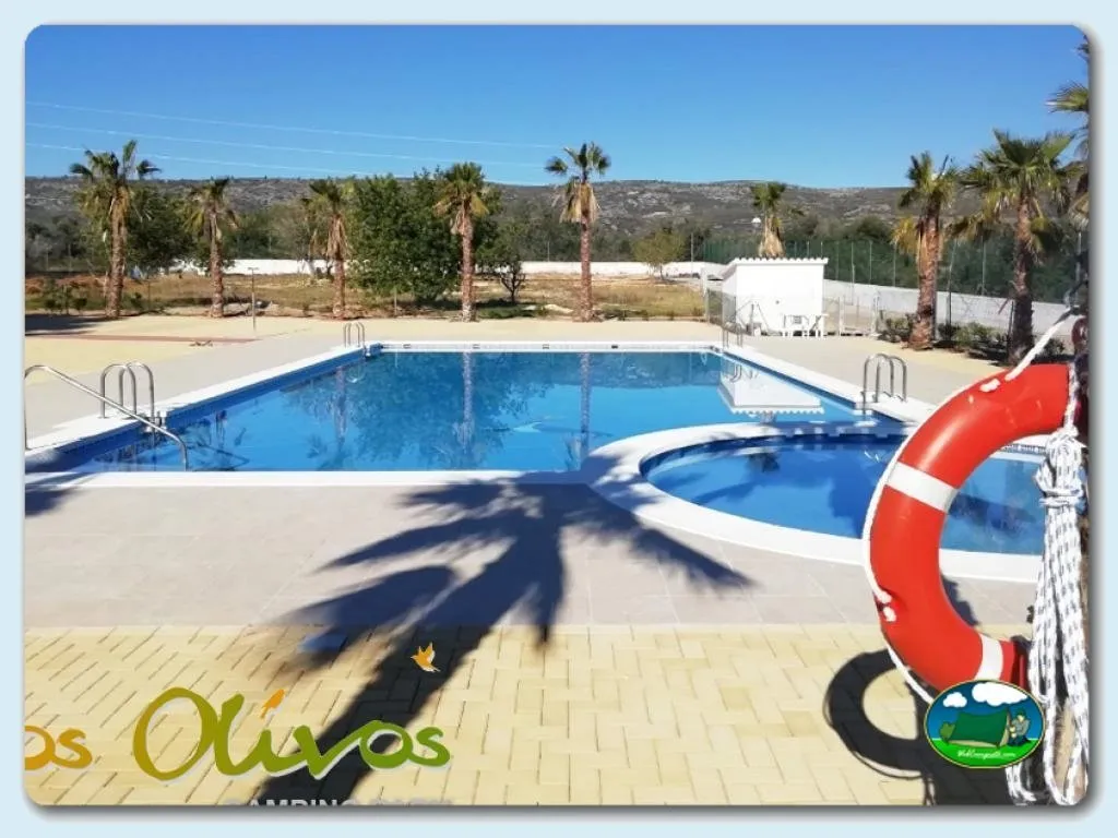 Piscina con vistas a la sierra y palmeras del Camping Los Olivos, Alcalá de Xivert (Castellón)