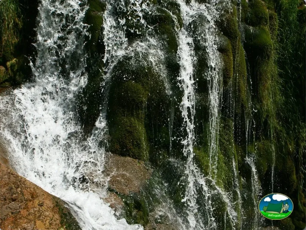 Río con cascada y musgo verde del Camping Puigcercós, Borredà (Barcelona)