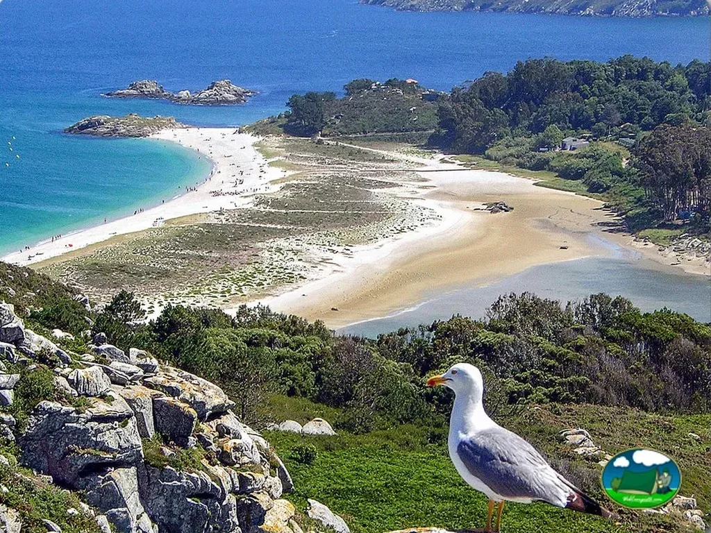 Playa junto al mar con vistas a la montaña del Camping Islas Cíes, Vigo (Pontevedra)