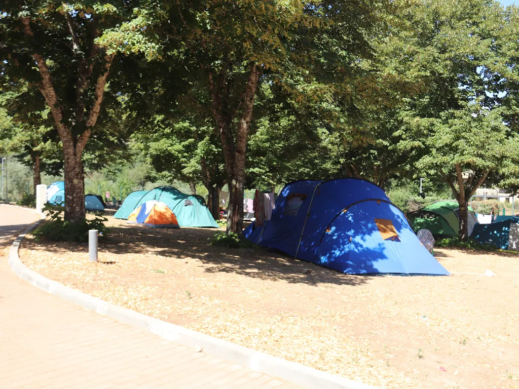 Parcela con tiendas de acampada bajo árboles del Camping Parque de Campismo da Aldeia Ruiva, Proença-a-Nova (Castelo Branco)
