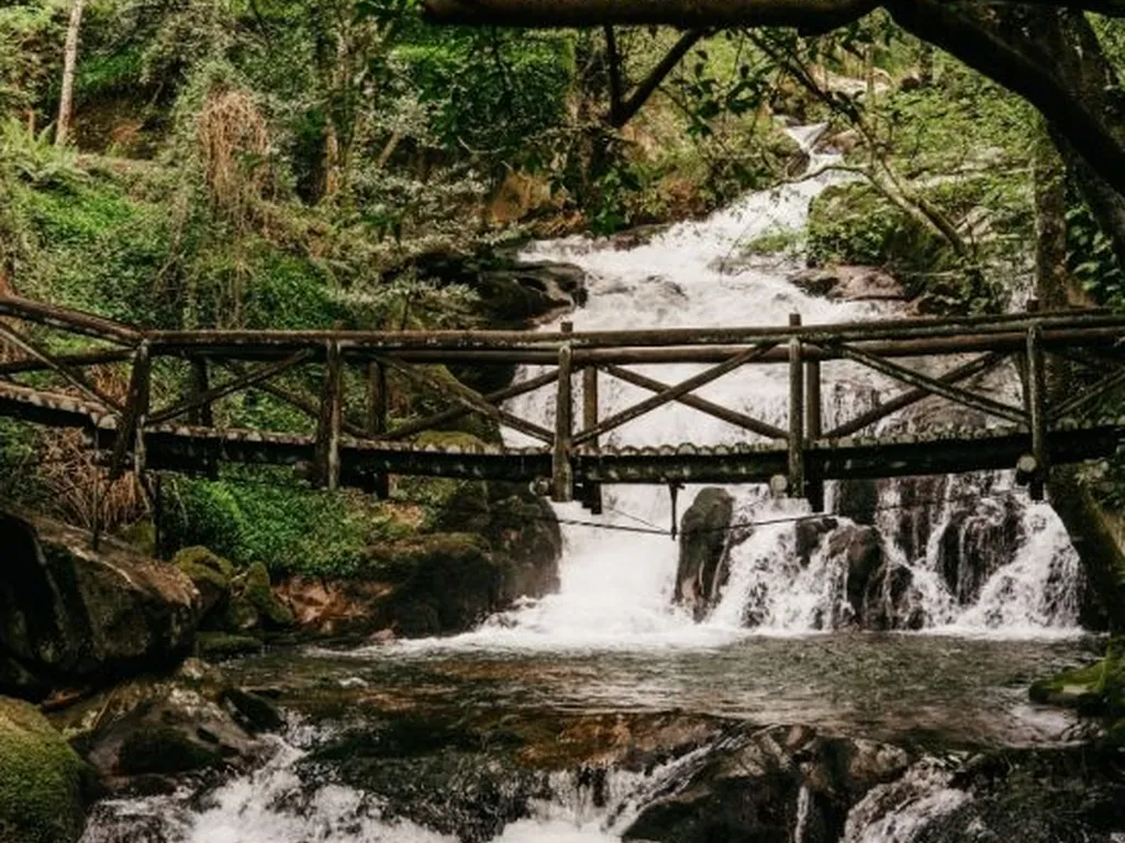 Río con cascada y puente de madera en entorno boscoso del Camping Welcome Douro - Eco Camping Resort, Cinfães (Viseu)