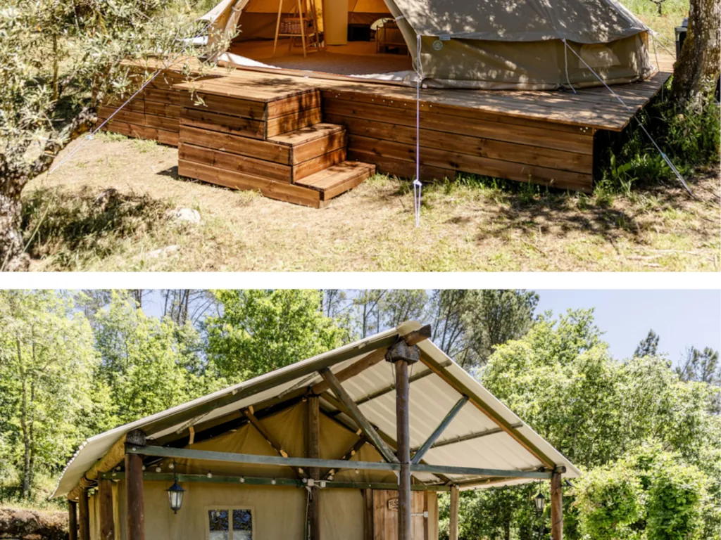 Glamping tipi con terraza de madera y entorno boscoso del Camping Vale Sereno, Penalva do Castelo (Viseu)