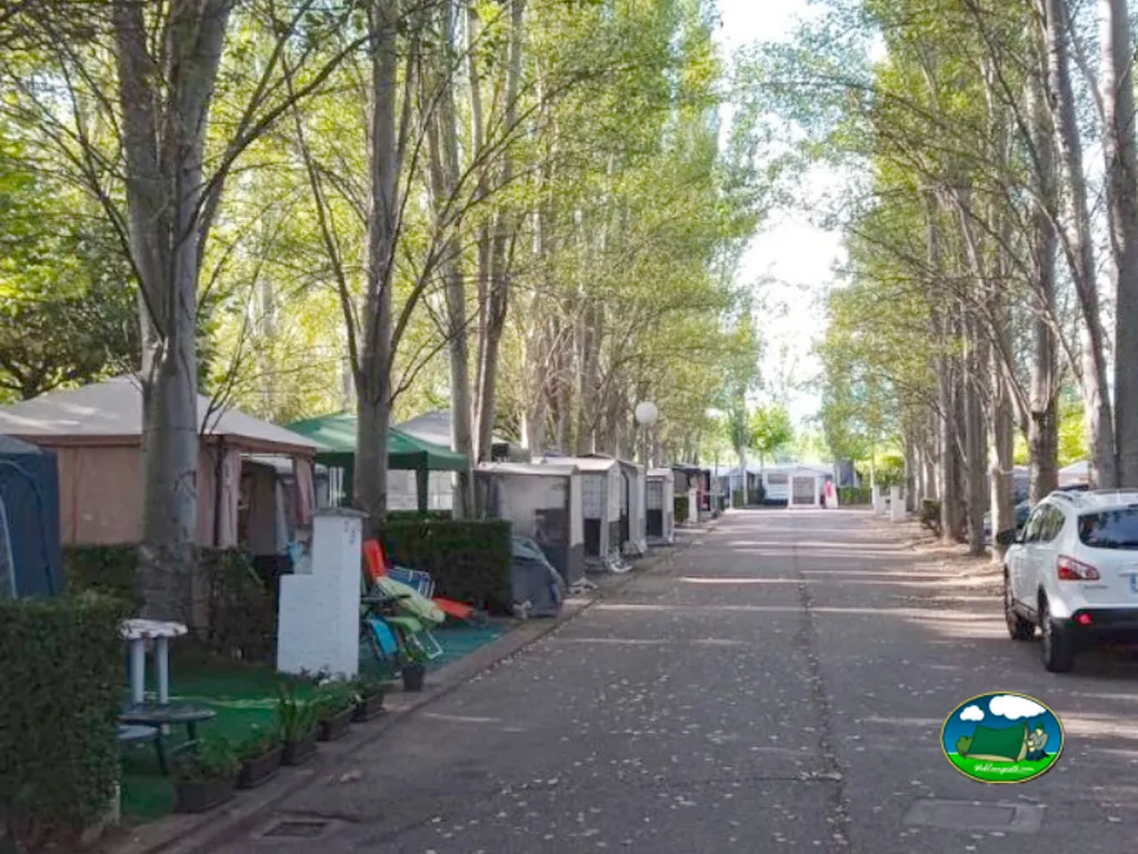 Parcela con mobil-home entre árboles del Camping Alkamping, Villarejo de Órbigo (León)