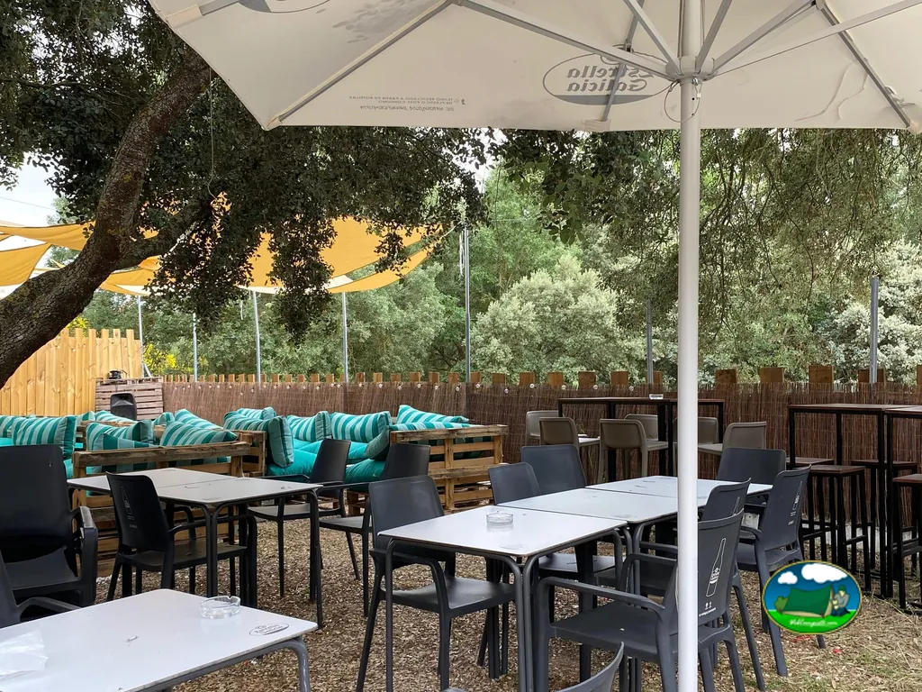 Restaurante bar con terraza sombreada y vistas al bosque del Camping Glamping La Bellota, Encinas de Esgueva (Valladolid)