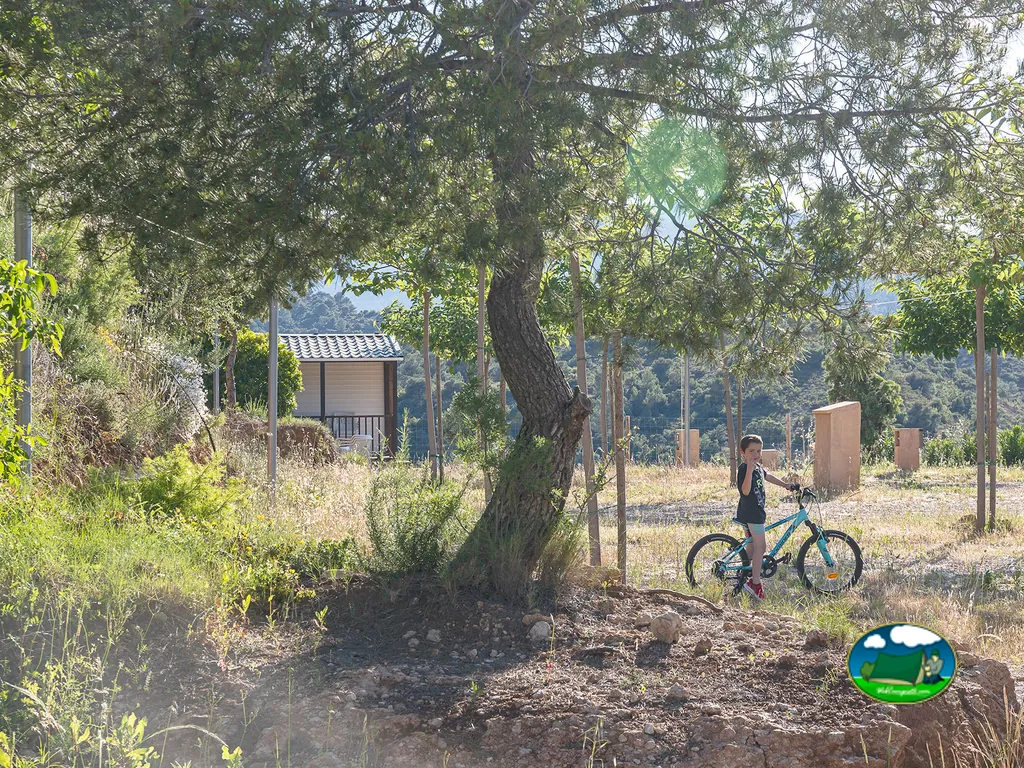 Parcela con vistas a la sierra, árboles y cabaña del Camping Beceite, Beceite (Teruel)