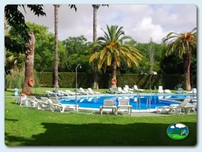Piscina con vistas al jardín y palmeras del Camping Villsom, Dos Hermanas (Sevilla)